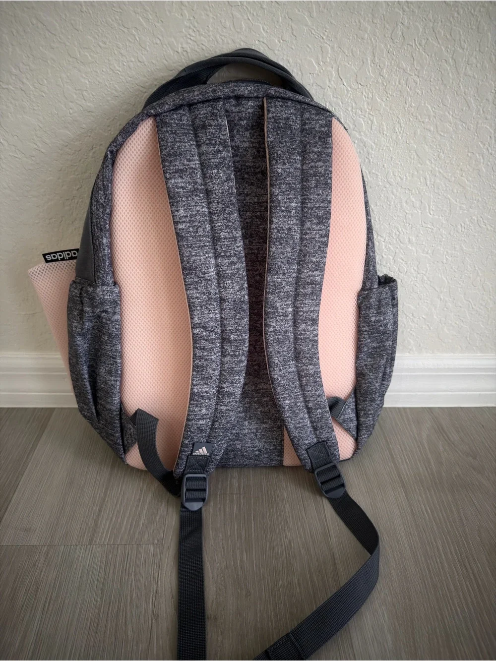 adidas Grey Heather Backpack with Rose Gold Logo and Pink Key Charm